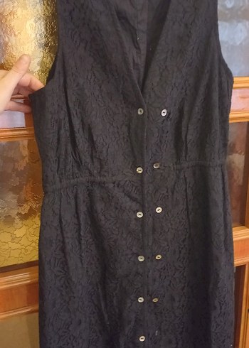 Düğmeli Siyah Midi Kadın Elbise komple dantel - Görsel 5