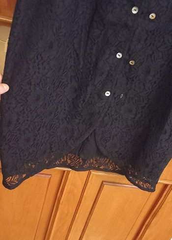 Düğmeli Siyah Midi Kadın Elbise komple dantel - Görsel 4