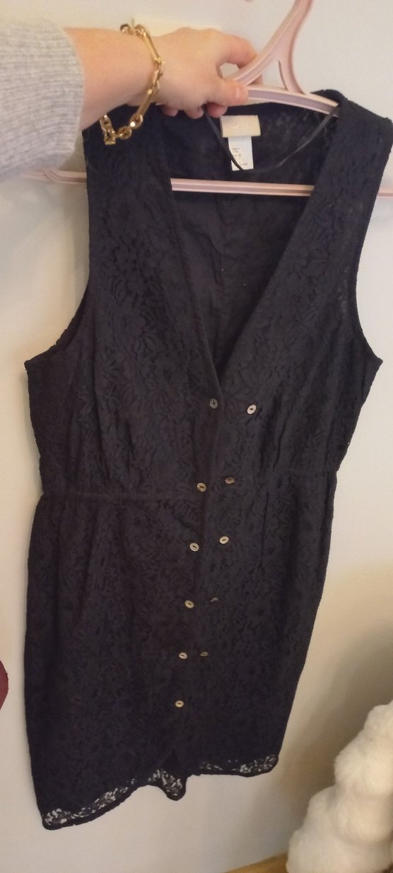 Düğmeli Siyah Midi Kadın Elbise komple dantel - Görsel 2