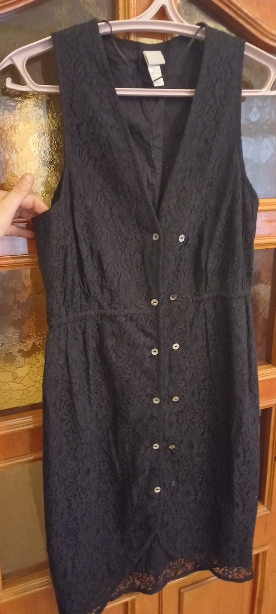 Düğmeli Siyah Midi Kadın Elbise komple dantel - Görsel 5