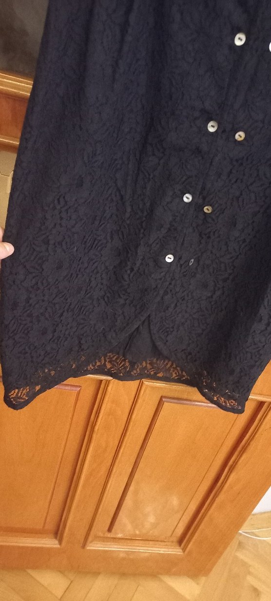 Düğmeli Siyah Midi Kadın Elbise komple dantel - Görsel 4