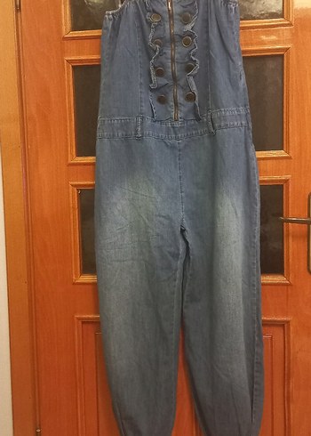 Düğmeli Gri Denim Tulum deri detaylı - Görsel 6