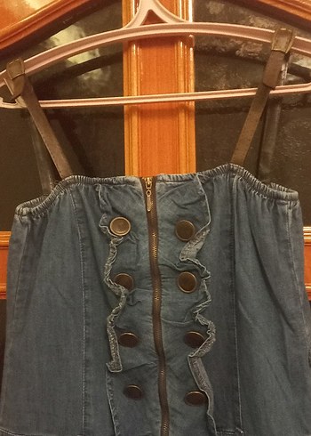 Düğmeli Gri Denim Tulum deri detaylı - Görsel 2