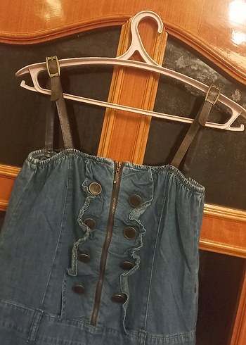 Düğmeli Gri Denim Tulum deri detaylı - Görsel 9