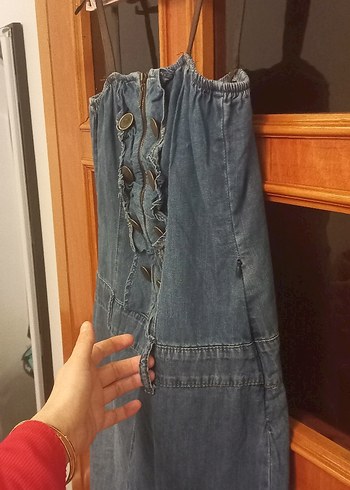 Düğmeli Gri Denim Tulum deri detaylı - Görsel 4