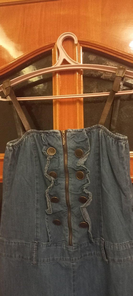 Düğmeli Gri Denim Tulum deri detaylı - Görsel 2