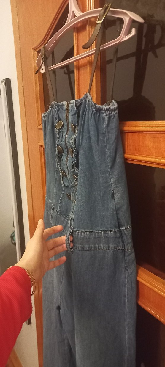 Düğmeli Gri Denim Tulum deri detaylı - Görsel 4