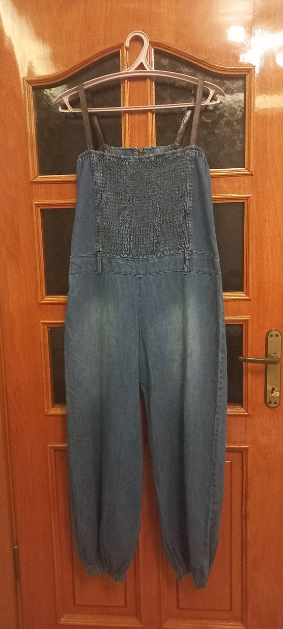 Düğmeli Gri Denim Tulum deri detaylı - Görsel 3