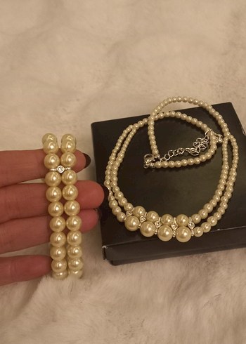 Beyaz İnci Boncuklu Midi Kolye ve Bileklik Seti - Görsel 3