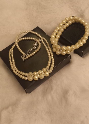 Beyaz İnci Boncuklu Midi Kolye ve Bileklik Seti - Görsel 2