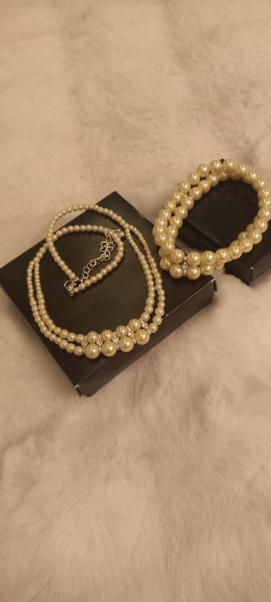 Beyaz İnci Boncuklu Midi Kolye ve Bileklik Seti - Görsel 2