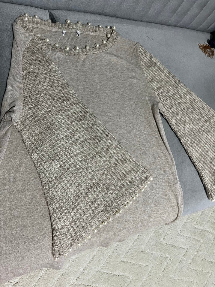 İnci Detaylı Bej Uzun Kollu Triko Kazak - Görsel 3