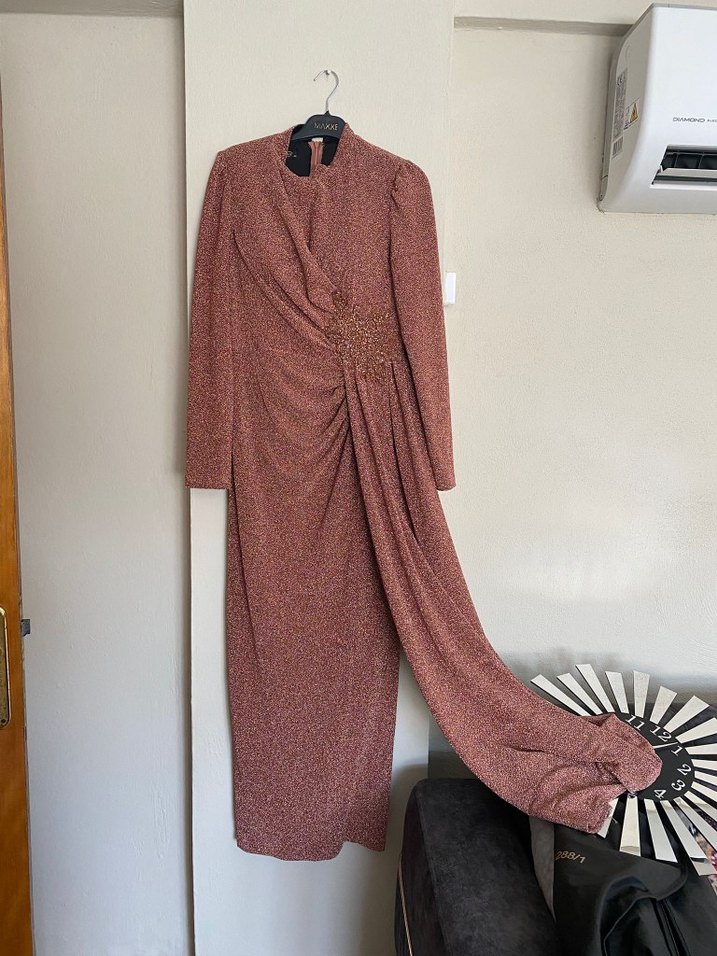 Bordo Yılan Desenli Uzun Kollu Uzun Elbise - Görsel 5