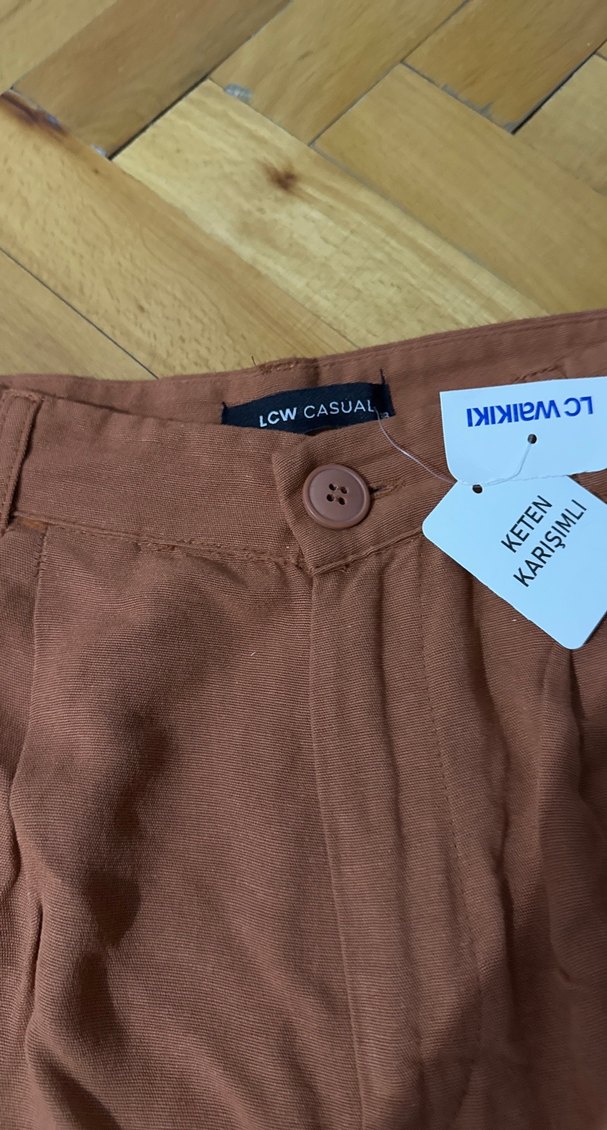 Kiremit rengi Keten Rahat Kesim Pantolon - Görsel 5