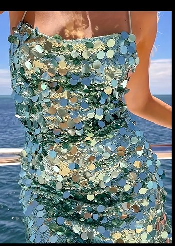 Parlak Turkuaz Mini Payetli Elbise - Görsel 3