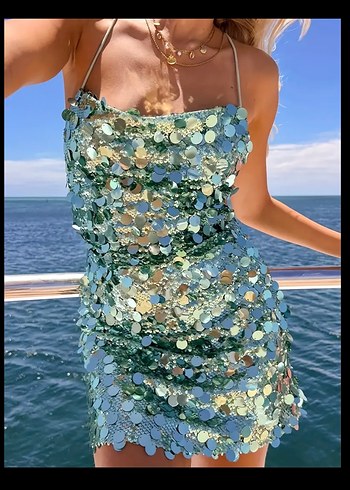 Parlak Turkuaz Mini Payetli Elbise - Görsel 2