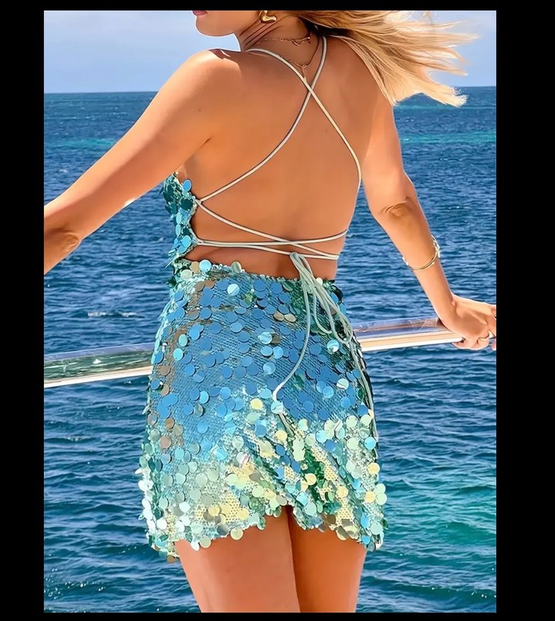 Parlak Turkuaz Mini Payetli Elbise - Görsel 4