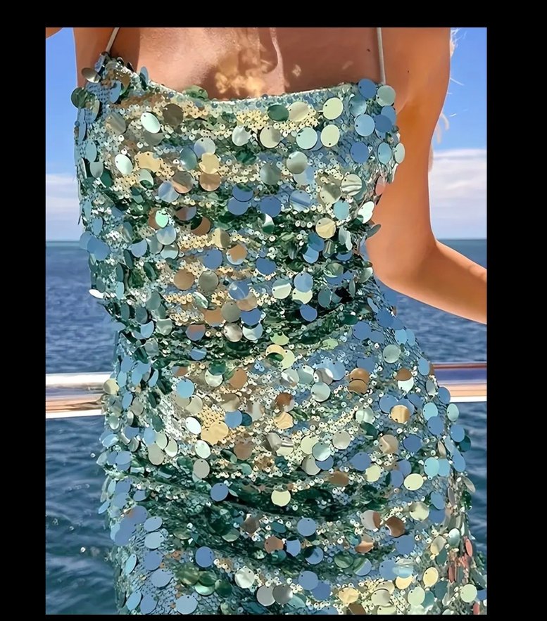 Parlak Turkuaz Mini Payetli Elbise - Görsel 3