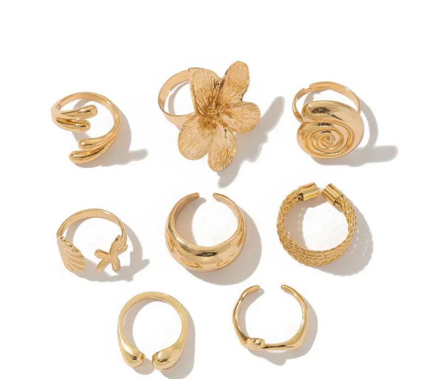 Altın Renkli Bohem Çiçekli Kadın Yüzük Seti - Görsel 2