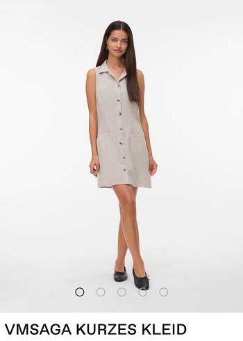 Düğmeli Bej Keten Midi Elbise - Görsel 7