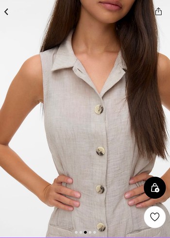 Düğmeli Bej Keten Midi Elbise - Görsel 3