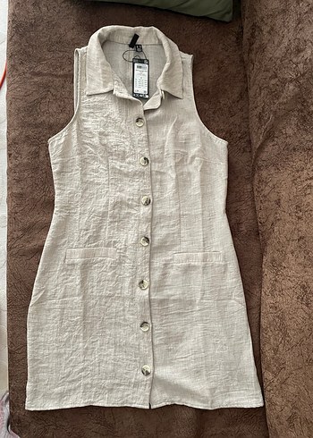 Düğmeli Bej Keten Midi Elbise - Görsel 2