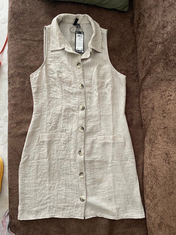 Düğmeli Bej Keten Midi Elbise - Görsel 2