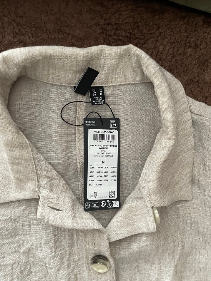 Düğmeli Bej Keten Midi Elbise - Görsel 4