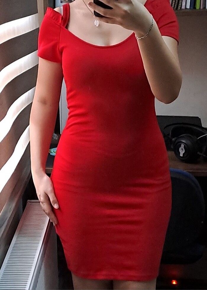 Kırmızı günlük elbise kısa - Görsel 2