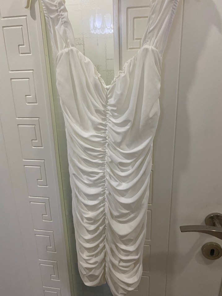 Beyaz Drapeli V Yakalı Uzun Abiye Elbise - Görsel 2