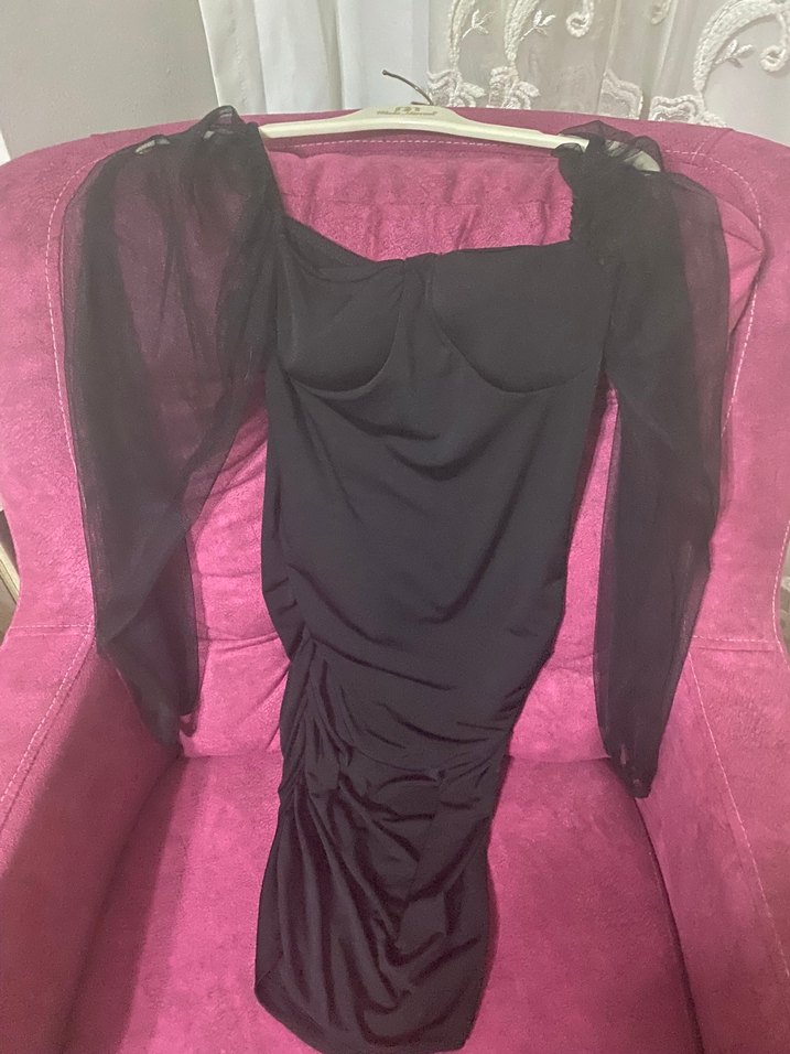 Siyah Drapeli Midi Gotik Abiye Elbise - Görsel 4