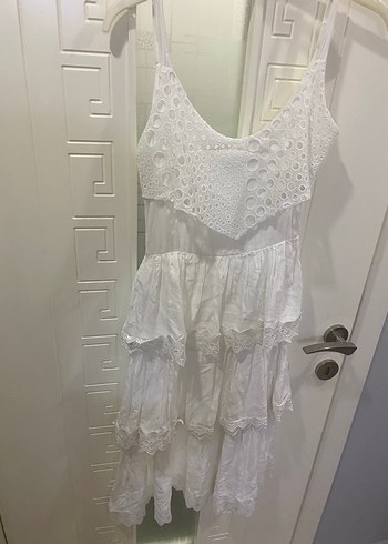 Dantel Detaylı Beyaz Bohem Midi Elbise - Görsel 2