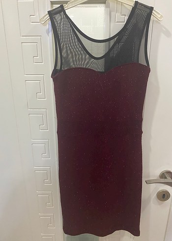 Diğer Bordo Simli Midi Abiye Elbise