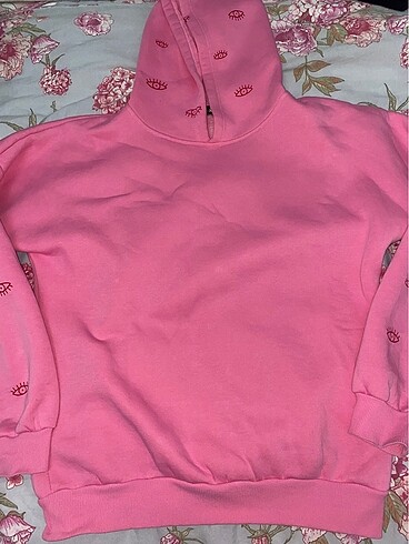Basic Kapşonlu Göz Baskılı Pembe sweat