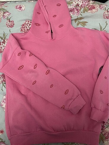Diğer Basic Kapşonlu Göz Baskılı Pembe sweat