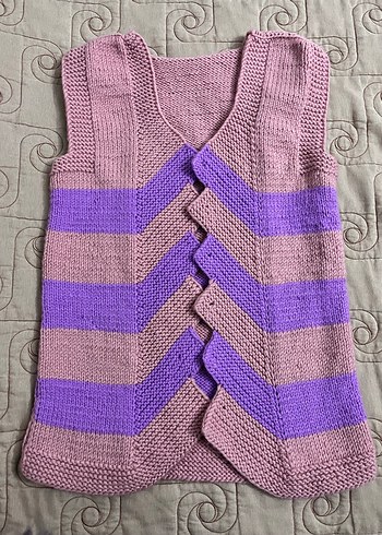 Mor ve Lila Çizgili Örgü Kız Yeleği - Görsel 2