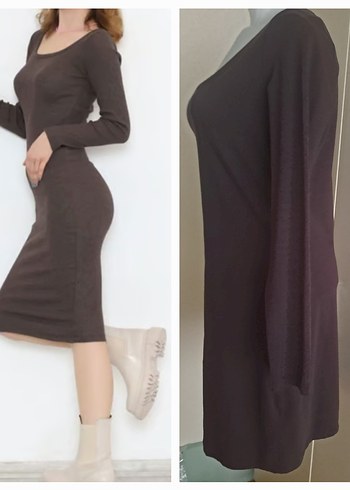 Kahverengi Uzun Kollu  Elbise - Görsel 2