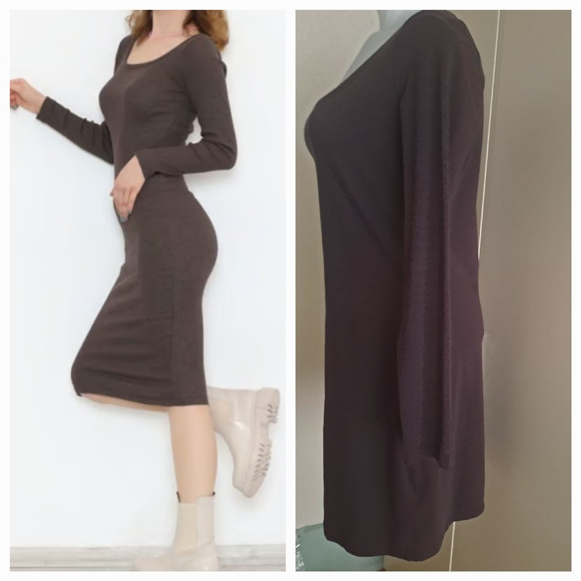 Kahverengi Uzun Kollu  Elbise - Görsel 2