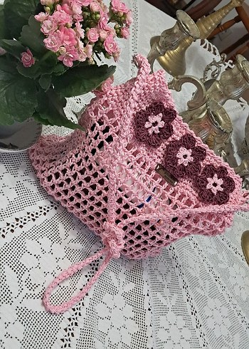 Hometech Pembe Çiçekli Örgü Bohem Çanta