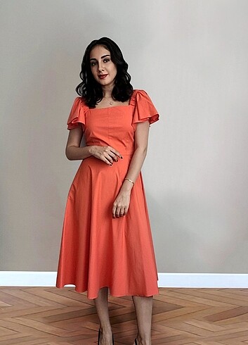 Zara Turuncu tasarım poplin elbise