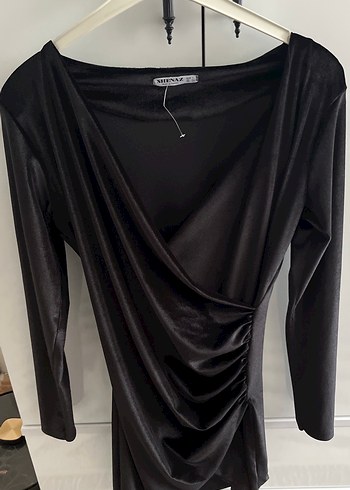 Siyah Drapeli Uzun Kollu Midi Elbise kadife - Görsel 3