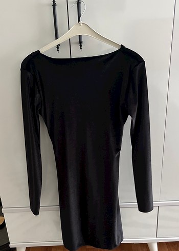 Siyah Drapeli Uzun Kollu Midi Elbise kadife - Görsel 2