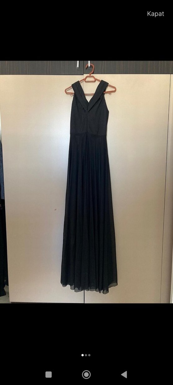 V Yaka Pileli Siyah Uzun Abiye Elbise - Görsel 2