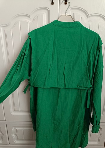 Düğmeli Yeşil Keten Uzun Kollu Kadın Gömlek - Görsel 2