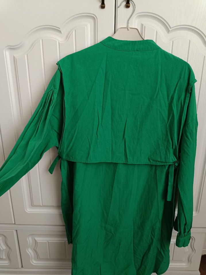 Düğmeli Yeşil Keten Uzun Kollu Kadın Gömlek - Görsel 2