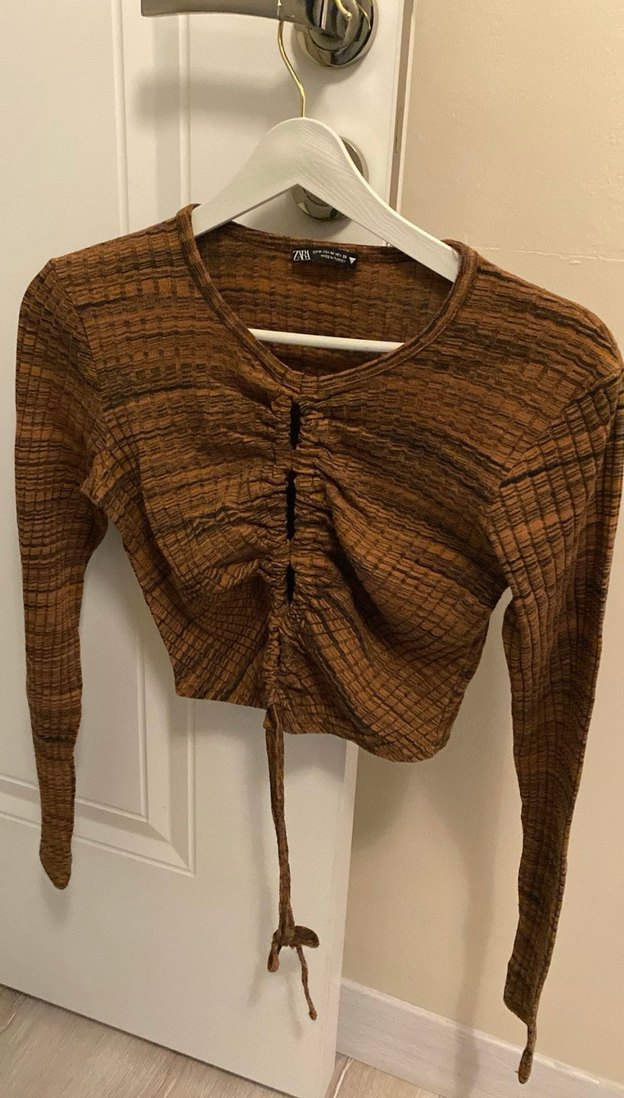 V Yaka Kahverengi Örgü Triko Bluz - Görsel 3