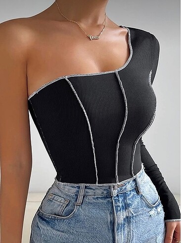 Bershka Siyah tek kollu crop top bluz büstiyer
