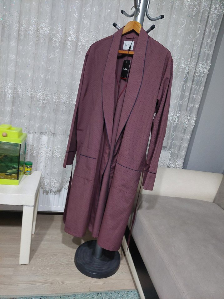 Bordo Uzun Kollu Ropteşembır saten Sabahlık - Görsel 2