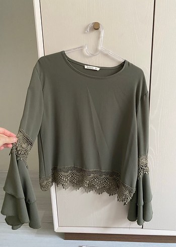 Gri Dantel Detaylı Uzun Kollu Kadın Bluz - Görsel 2