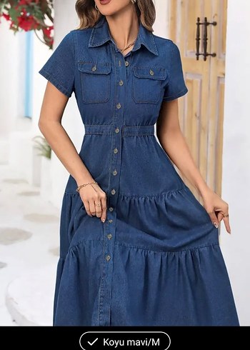 m Beden Düğmeli Lacivert Uzun Denim Elbise